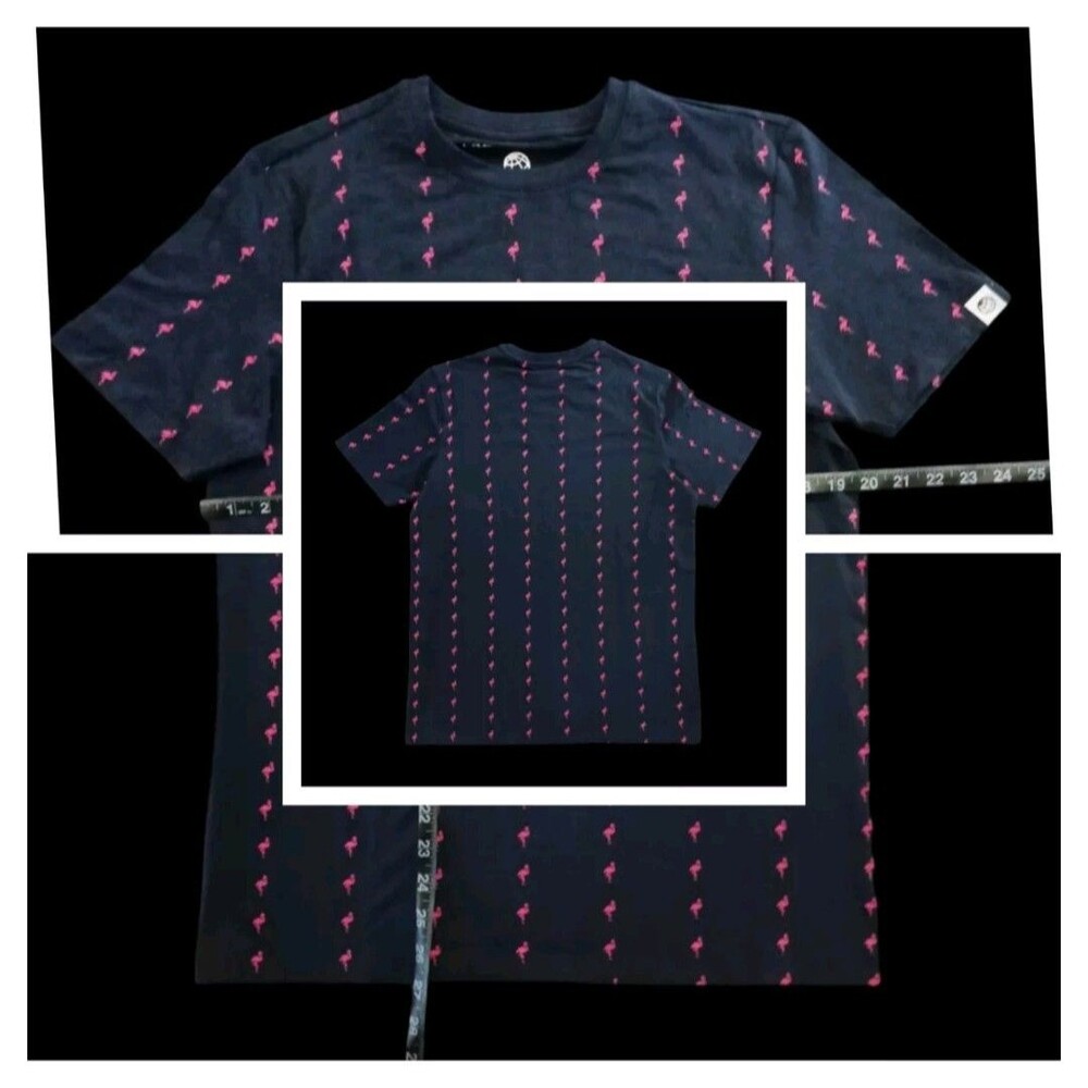 FREE PLANET Crewneck Tee T-Shirt Navy Blue Pink Flamingo AOP Small NWT Cotton